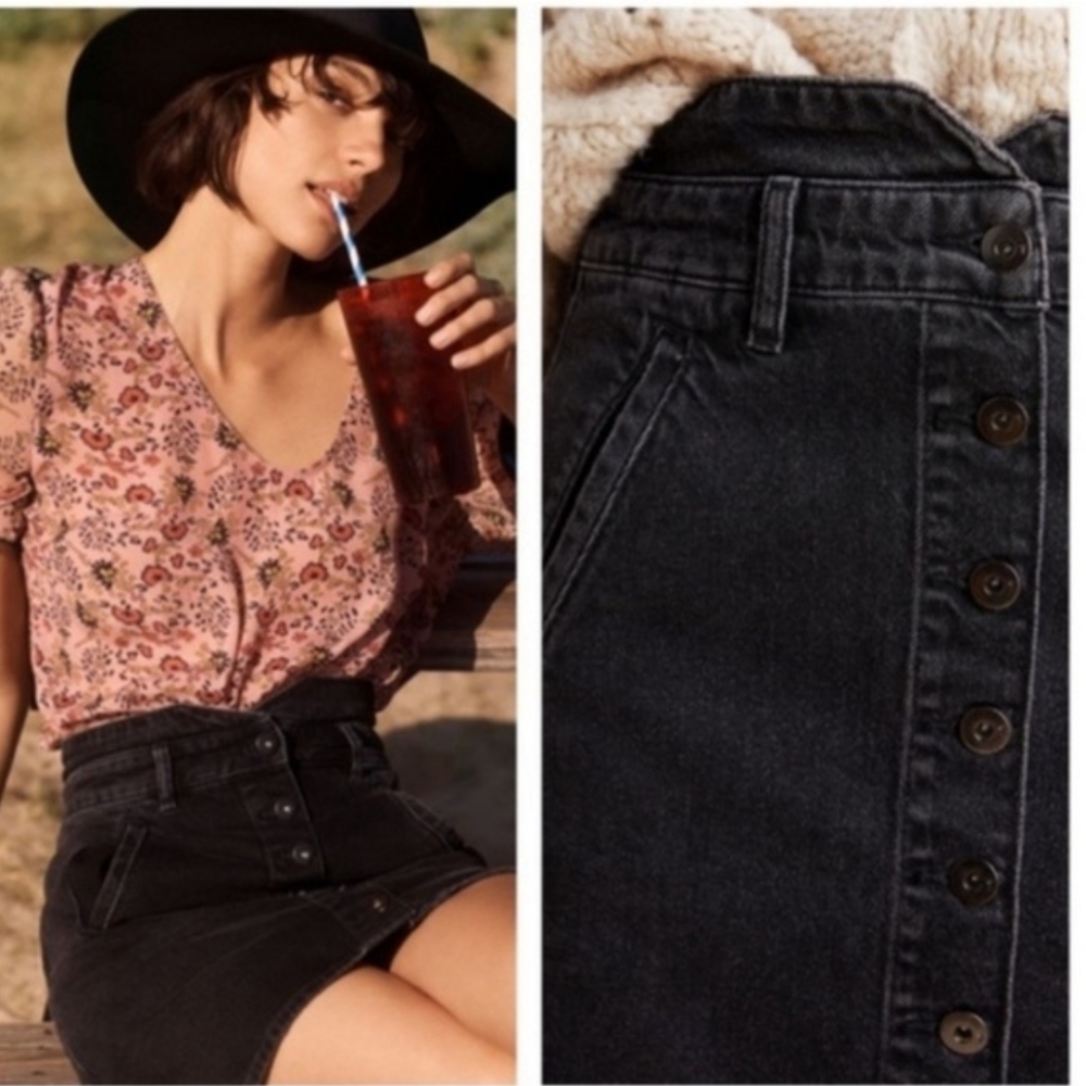 Anthropologie Pilcro Button-Front Denim Mini Skirt Black Size 6 Utility Bohemian - Picture 14 of 16
